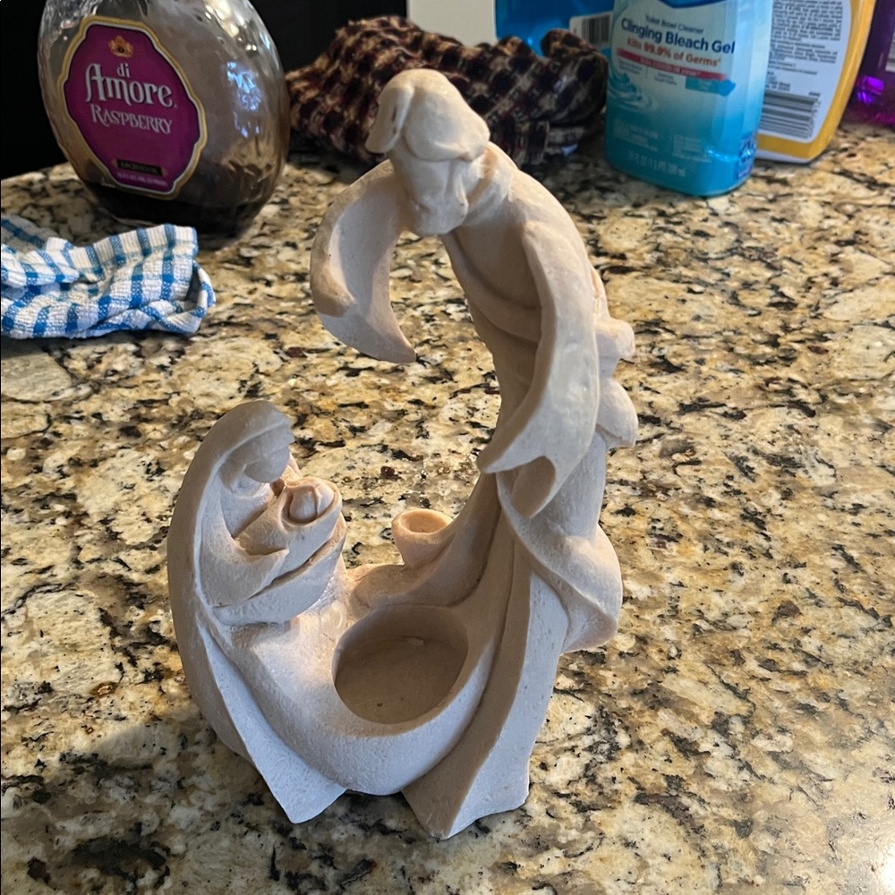 Resin tea light candle holder Mary, Joseph, baby Jesus sandstone Sculpture